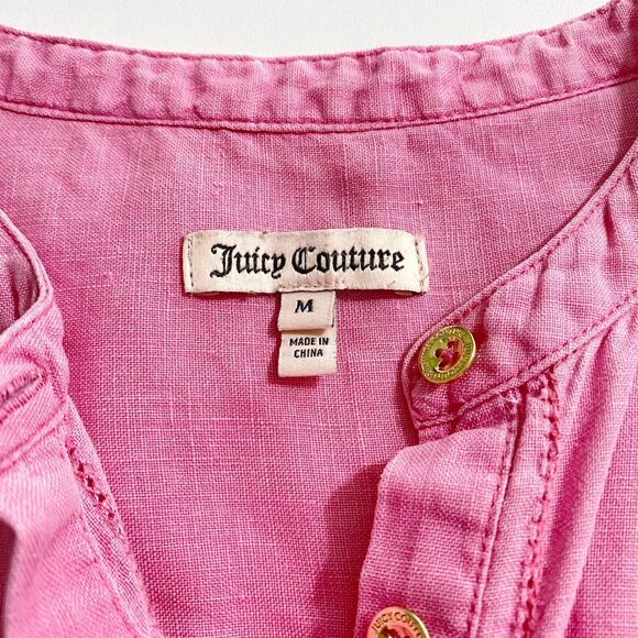 Juicy Couture Womens Mini Dress M Pink Linen Sleeveless Gold Buttons Drawstring - Picture 5 of 9